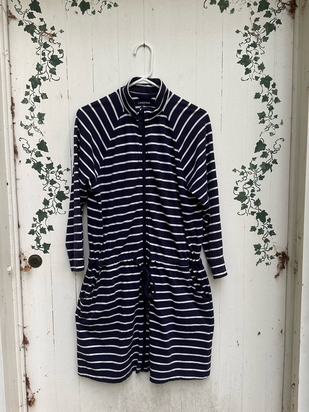 Cotton Lands' End Navy & White Striped Knit Boating Mini Dress 3/4 Sleeves